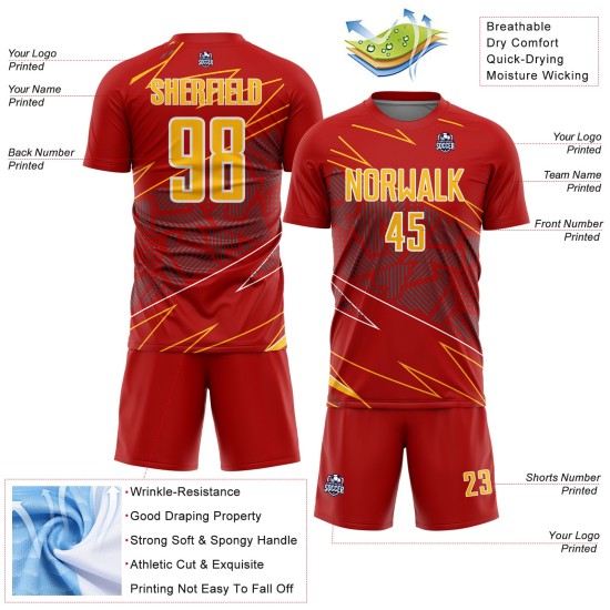 Red Sports Sublimation Jersey Uniform Lines Gold-White Soccer Custom Red Sports Sublimation Jersey Uniform Lines Gold-White Soccer Custom