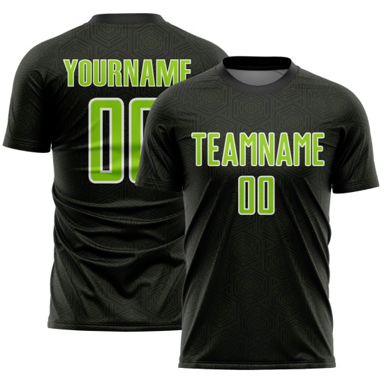 Sports Geometric Jersey Neon Shape Green-White Custom Soccer Uniform Sublimation Black Sports Geometric Jersey Neon Shape Green-White Custom Soccer Uniform Sublimation Black